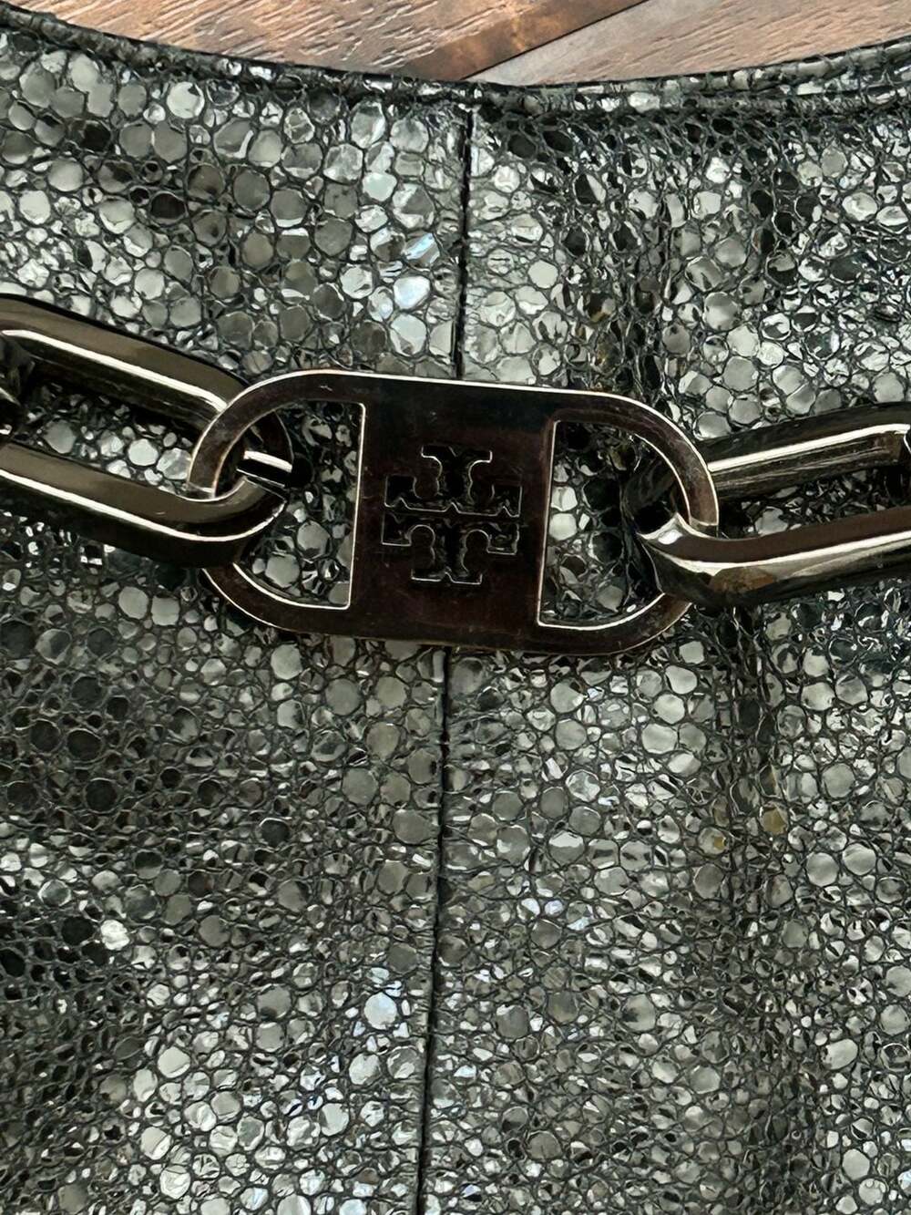 Tory Burch Natalya Black Crackle Leather Hobo Shoulder Bag Urban Chain Witch EUC - Picture 2 of 15